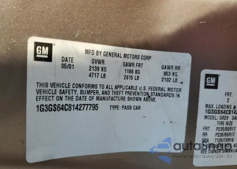 2001 Oldsmobile Aurora 4.0 z USA, uszkodzony, nr VIN 1G3GS64C814277795